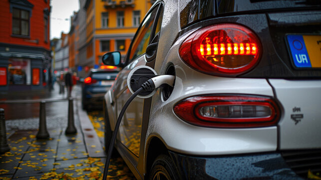 Electric car charging at EV station