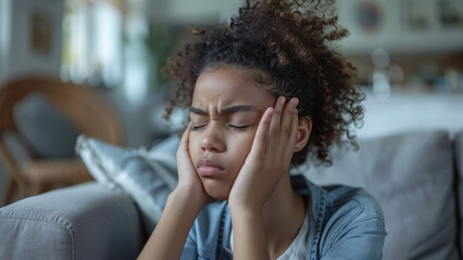 Agony Unveiled: Young Girl Battling Severe Migraine on Living Room Couch - obrazy, fototapety, plakaty