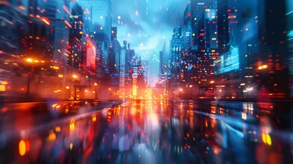 Fotobehang A digital art piece depicting a futuristic city, with certain areas highlighted through strategic glass blur effects, against a dynamic, colorful background. © Exnoi