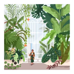 Gordijnen Woman in greenhouse, conservatory, botanical garden, park. Person walking in hothouse, green glass house indoor with greenery, exotic tropical leaf plants growing, nature. Flat vector illustration © Good Studio
