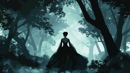 The dark queen of elves walks in a misty forest. A cre