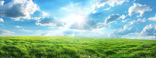 Fototapeta premium panoramic view of a green grass field with a blue sky and white clouds