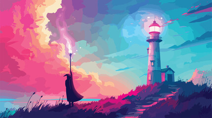 The man with wizard staff lighting the lighthouse with - obrazy, fototapety, plakaty