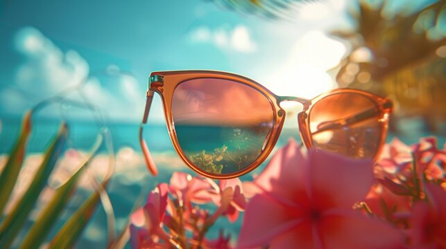 A fashion advertisement showcasing a new line of sunglasses, with the product details displayed through a stylized glass blur effect over a sunny, beach background.