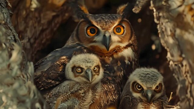 Close up shot of owl on nest. 4k video animation