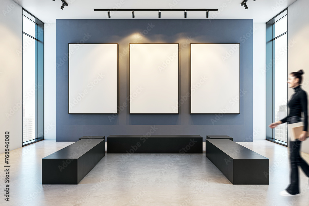 Aufkleber art gallery with dynamic figure passing by blank white mockup frames, modern minimalist design