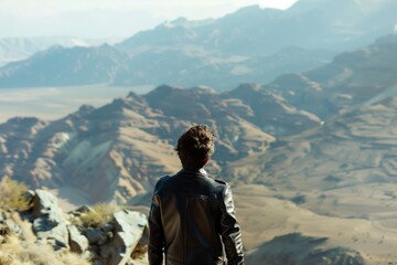 Fototapeta na wymiar hiker in leather jacket overlooking mountain view