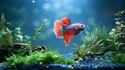 Graceful betta fish swimming in a beautifully aquascaped aquarium - obrazy, fototapety, plakaty