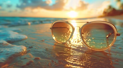 A fashion advertisement showcasing a new line of sunglasses, with the product details displayed through a stylized glass blur effect over a sunny, beach background. - obrazy, fototapety, plakaty