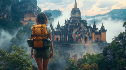 The beauty of travel and adventure with a dynamic shot of a solo traveler exploring an exotic destination - obrazy, fototapety, plakaty