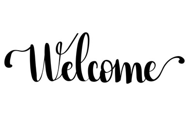 Hand drawn lettering of the word Welcome on white background