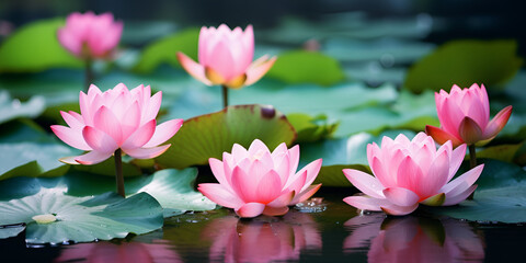 Watering Flower, beautiful lotus flowers, Leaves With Water,  a body of water with pink flowers, Lotus flower on blurred greenery tree background, Generative AI