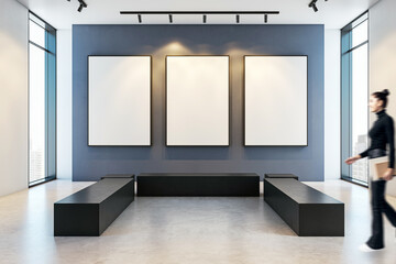 Art gallery with dynamic figure passing by blank white mockup frames, modern minimalist design