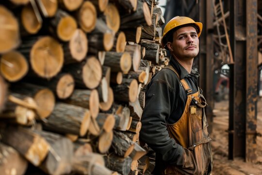 portrait of a worker leaning against a massive woodpile