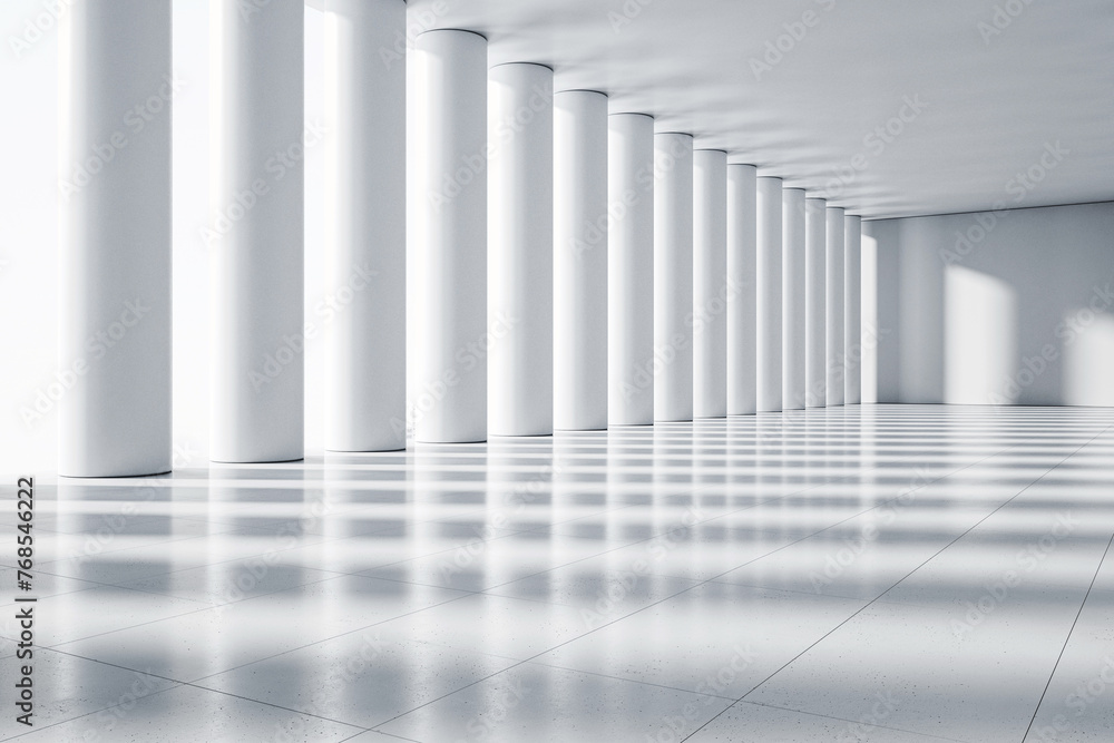 Aufkleber a modern gallery interior with white columns, simple design, and a light, shadowy background focusin