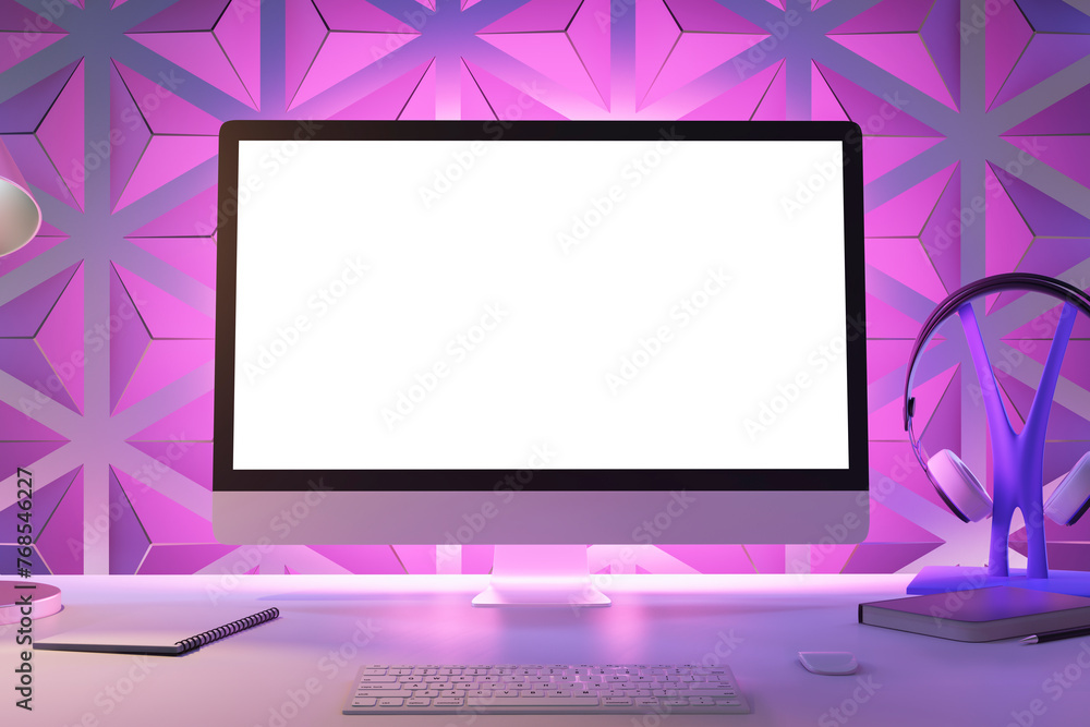 Poster a modern desktop setup with a blank monitor, keyboard, and headphones against a geometric purple bac