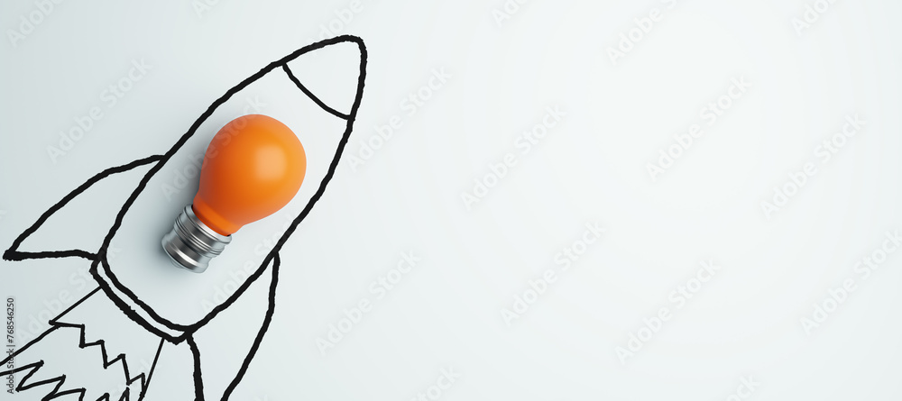 Poster creative spaceship sketch and orange lamp on wide white background with mock up place. start up, new