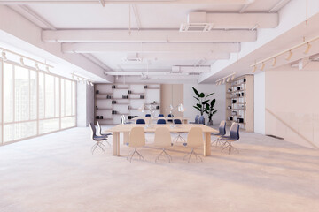 A spacious modern office interior with tables, chairs, and bookshelves, with large windows and a city view, light-filled. 3D Rendering