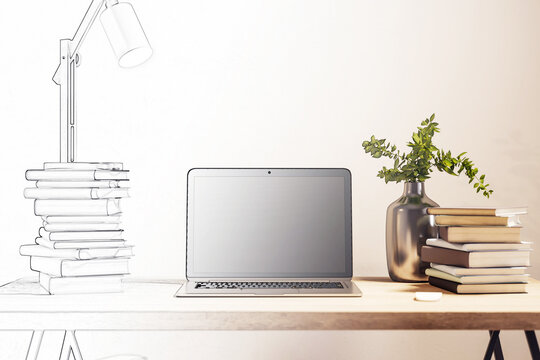Laptop on desk with plant in vase, books, lamp, concept of modern home office, neutral background. 3D Rendering