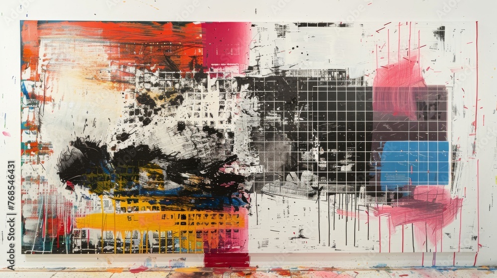 Aufkleber a juxtaposition of chaos and order, with one side displaying a tumultuous, abstract expressionist pa