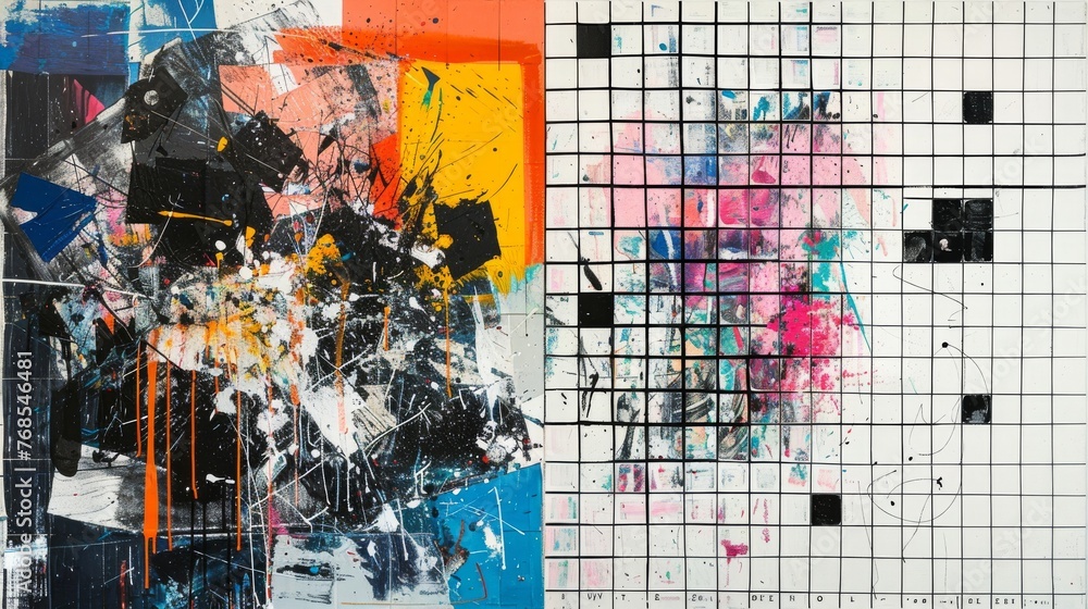 Aufkleber a juxtaposition of chaos and order, with one side displaying a tumultuous, abstract expressionist pa