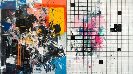 A juxtaposition of chaos and order, with one side displaying a tumultuous, abstract expressionist painting and the other a calm, orderly grid pattern.