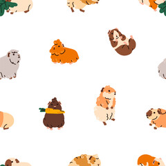 Cute guinea pig, seamless pattern. Funny cavy, hamster, baby animals, endless background, repeating print for textile, fabric, wrapping design. Childish kids flat graphic vector illustration