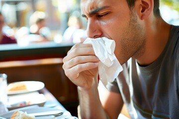 man wiping mouth with a paper napkin after meal - obrazy, fototapety, plakaty