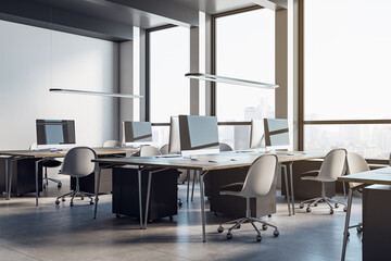 Simple coworking office interior with concrete flooring, furniture and panoramic windows with city view. 3D Rendering.