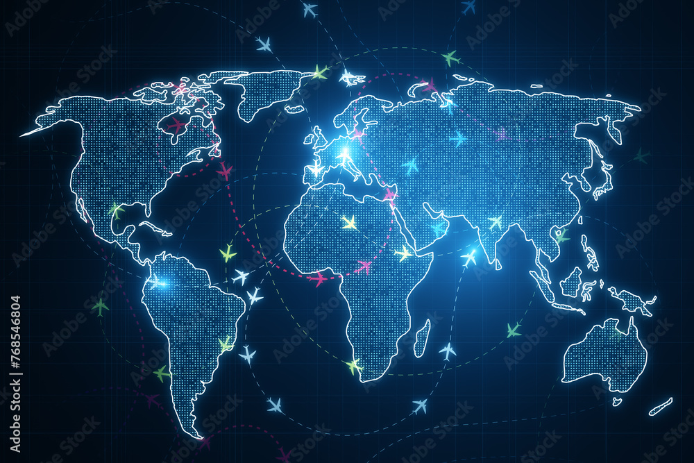 Poster digital world map with neon lines and dots, representing cyberspace on a dark blue background, conce
