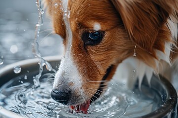 Thirsty dog drinking from a modern pet water dispenser, close-up view