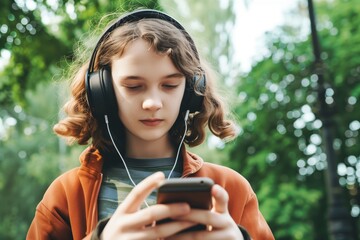 teen with headphones scrolling through a phone