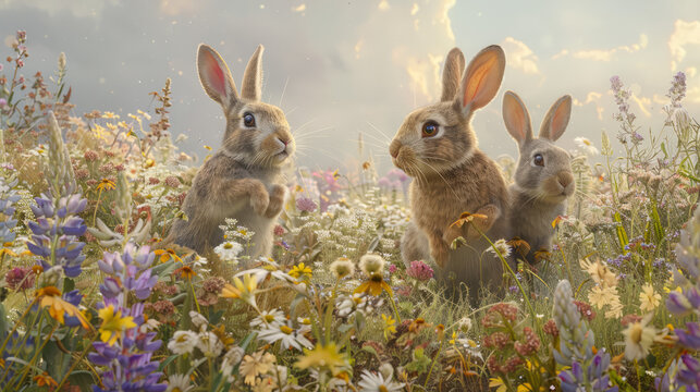 A realistic portrayal of two rabbits as they explore a meadow brimming with diverse flowers and greenery