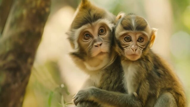 Close up baby monkey sticking to mother chest. 4k video animation