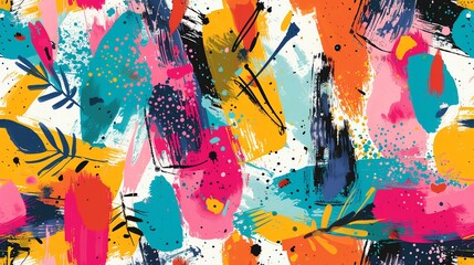 Bright and colorful abstract seamless pattern with brushstrokes and paint splatters. Perfect for summer.