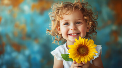 Laughing Child with Curly Locks Holding Sunflower, Exuberant Summer Vibe