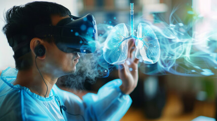 Medical professional in VR gear analyzes a holographic display of lungs, symbolizing health tech innovation