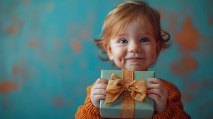 Toddler in Orange Sweater Holding Green Gift Box with Joyful Expression Against a Blue Textured...