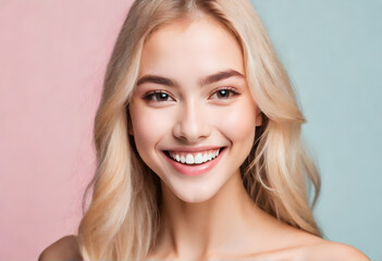 Beautiful smile woman mouth. Smiling young woman with blonde long groomed hair isolated on pastel flat background with copy space	