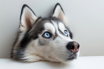 Close-up of a Siberian Husky with piercing blue eyes and black and white fur looking upwards