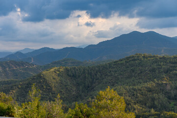 Troodos mountains Cyprus, aerial drone photo, picturesque place for hiking and cycling. natural beauty,