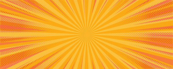 Comic yellow background. Orange pop art sunburst pattern. Retro vector explosion with halftone effect. Abstract superhero wallpaper © Chorna_L