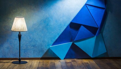 Elevate Your Presentation: Geometric Abstraction in Blue Tones with Warm Wooden Accents"