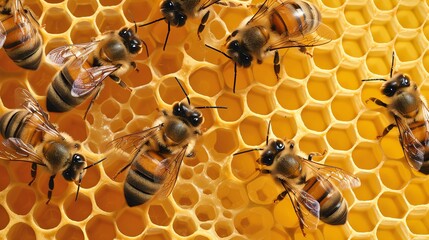 This image shows a close-up of a honeycomb with bees on it. The bees are brown and black and the honeycomb is yellow. - Powered by Adobe