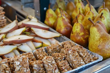 a neat array of energy bars and fresh pears at a work area