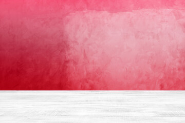 White grunge wooden floor with paradise pink ombre concrete wall background