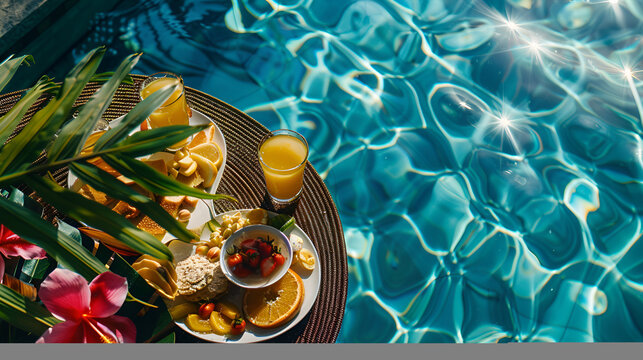 Healthy breakfast in swimming pool with fruits and juice on table ,Floating breakfast set in tray with fried egg omelette sausage ham bread fruit milk juice coffee and other around swimming pool
