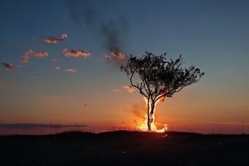 lone tree on fire at sunset, silhouette effect