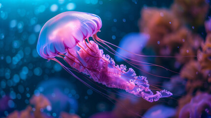Naklejka premium A captivating image of a jellyfish, bathed in ethereal light and neon colors, evokes a sense of underwater fantasy