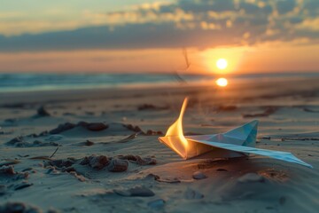burning paper plane on a sandy beach during sunset